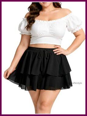Plus Size Tiered Ruffle Mini Skirt High Waist Chiffon A-Line Skort